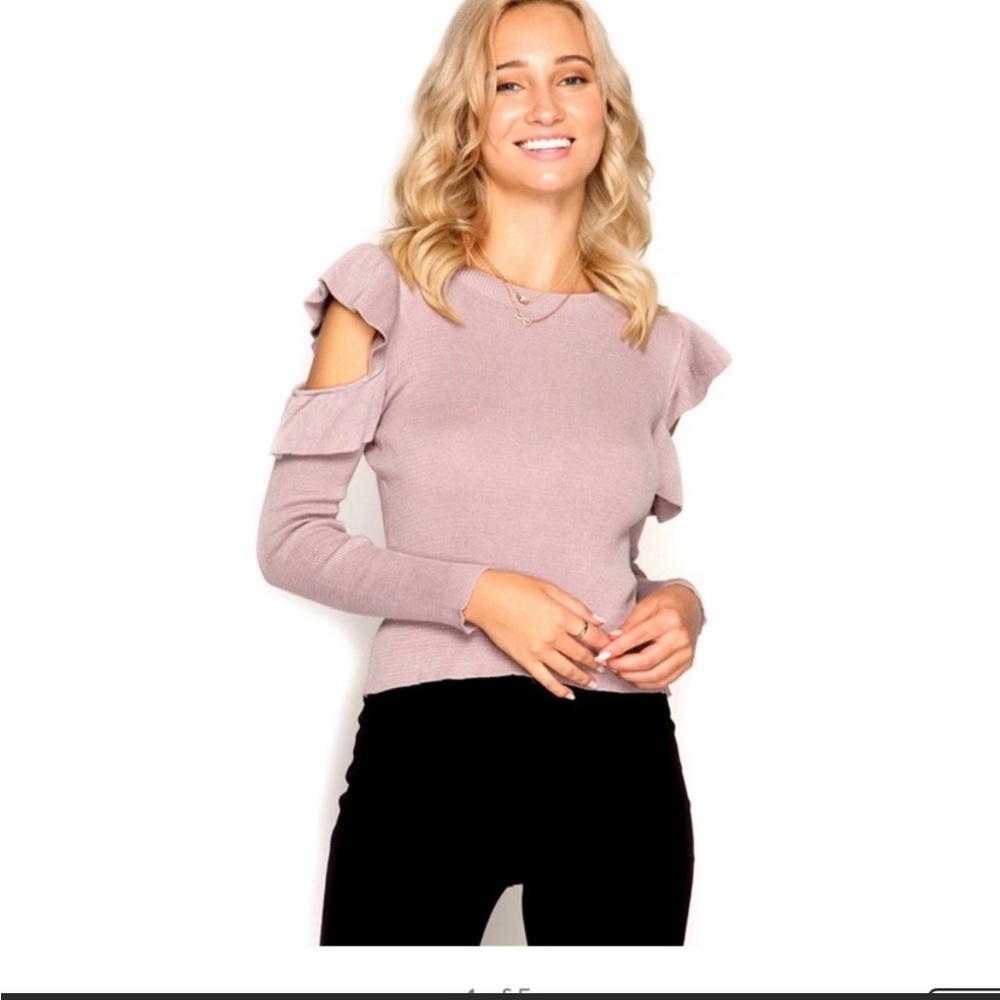 Open Shoulder Ruffled Blue Sweater - Picture 9 of 10